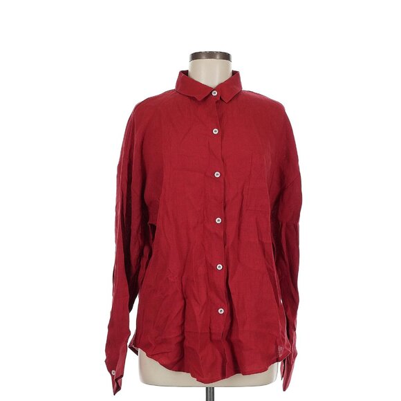 Parke Oversized Boyfriend Linen Button Down Shirt in Red Large Extra Large - Picture 3 of 6